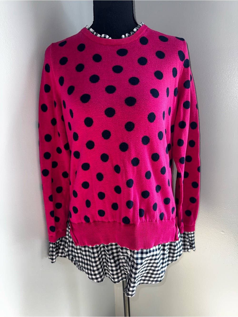 Crown & Ivy fuchsia pink polka dot layered-look sweater